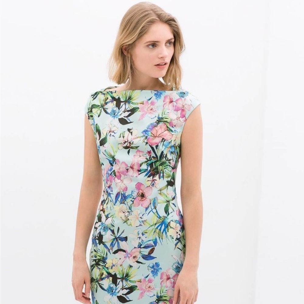 Zara Floral Boatneck Sleeveless Midi Dress Asian Flowers Made in Spain Medium